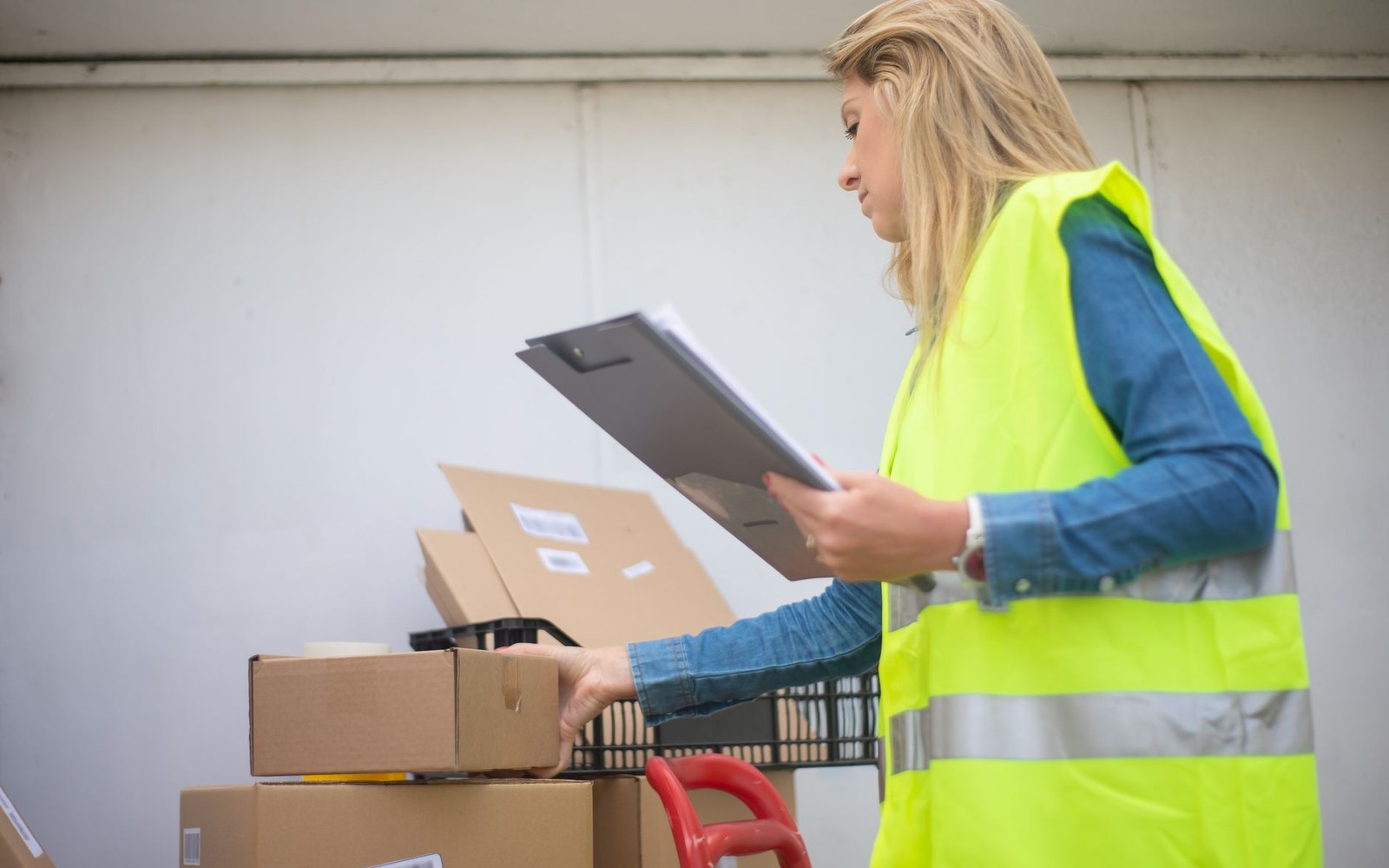 Warehouse worker in a hi-vis vest checks a clipboard while sorting cardboard boxes